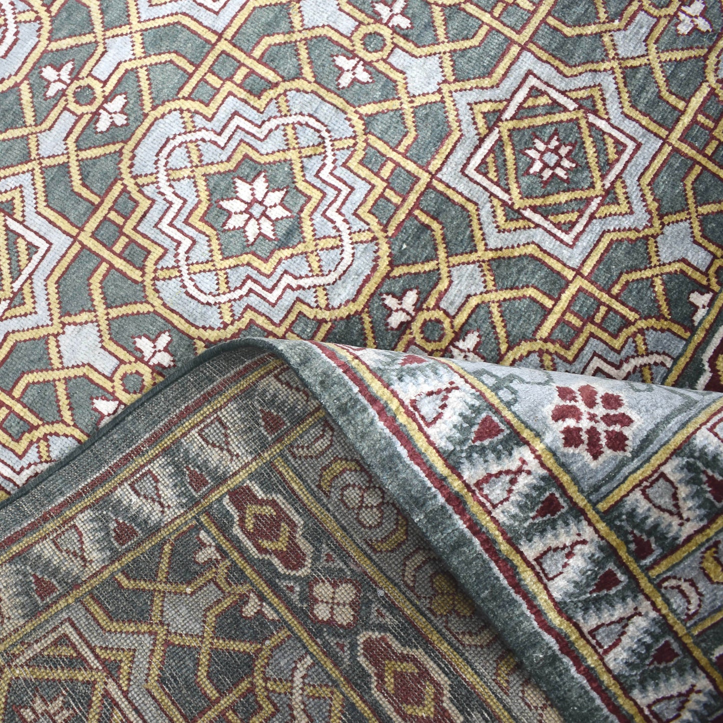 Blue Grey, Pure Silk Geometrical Transitional Handknotted 8.8x12.1Ft 264x368Cms Area Rug