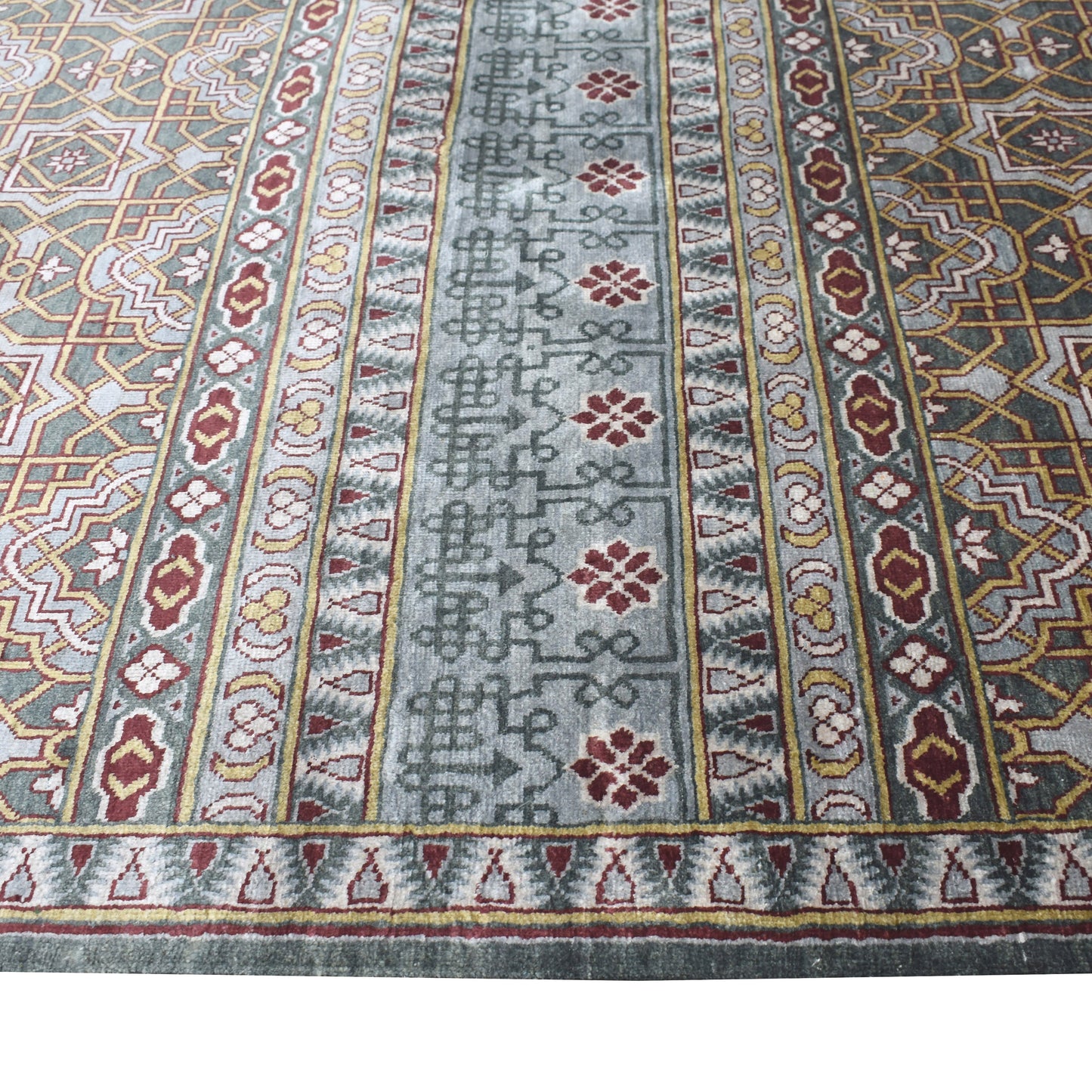 Blue Grey, Pure Silk Geometrical Transitional Handknotted 8.8x12.1Ft 264x368Cms Area Rug