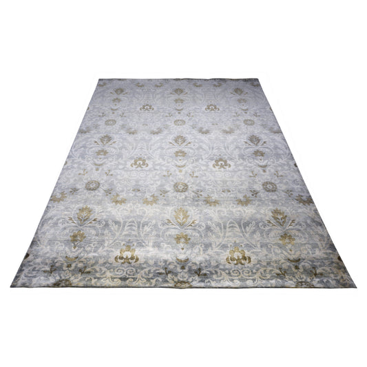 Grey, Camel and Multy Pure Silk Contemporary Damask Handknotted 7.11x10.2Ft 240x308Cms Area Rug