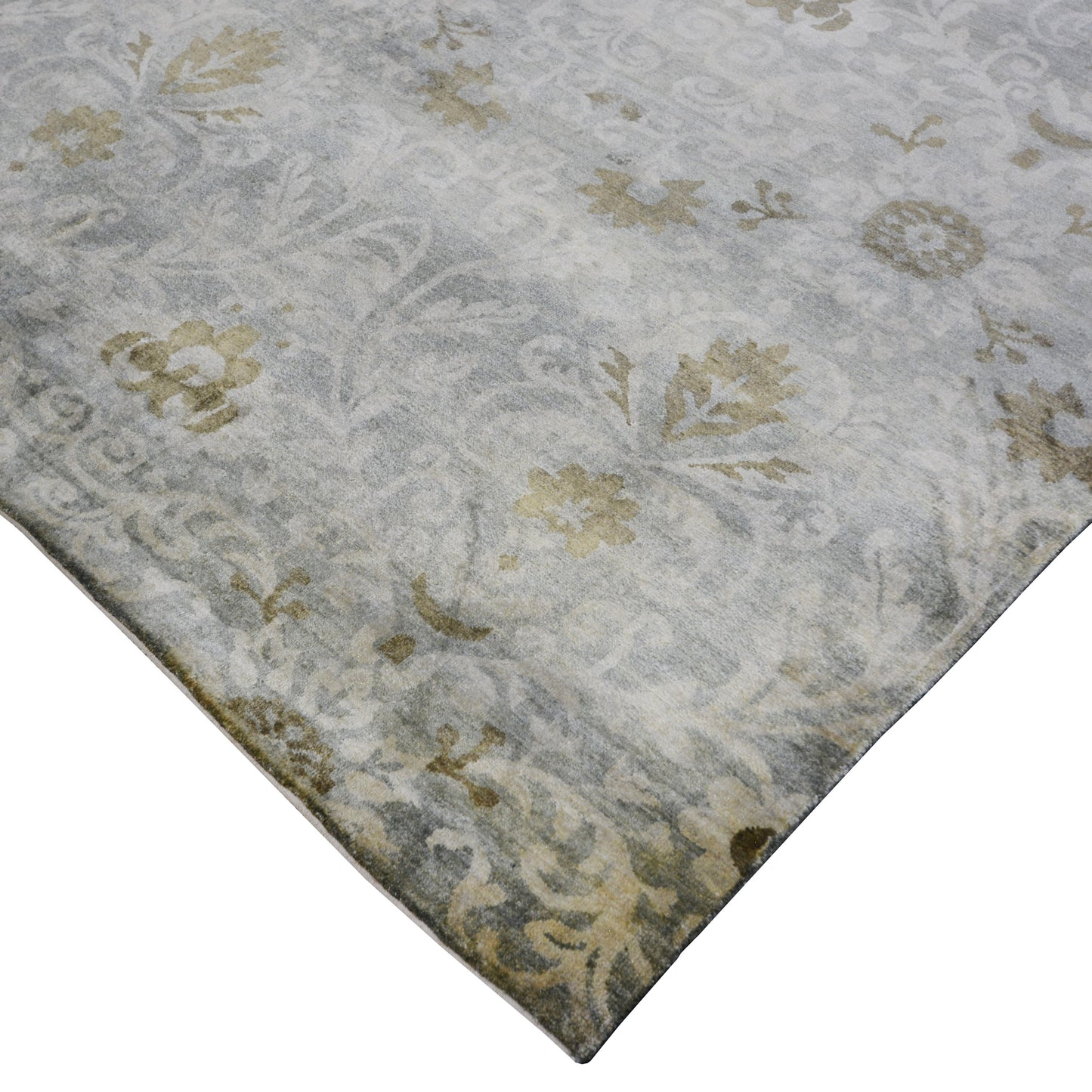 Grey, Camel and Multy Pure Silk Contemporary Damask Handknotted Area Rug