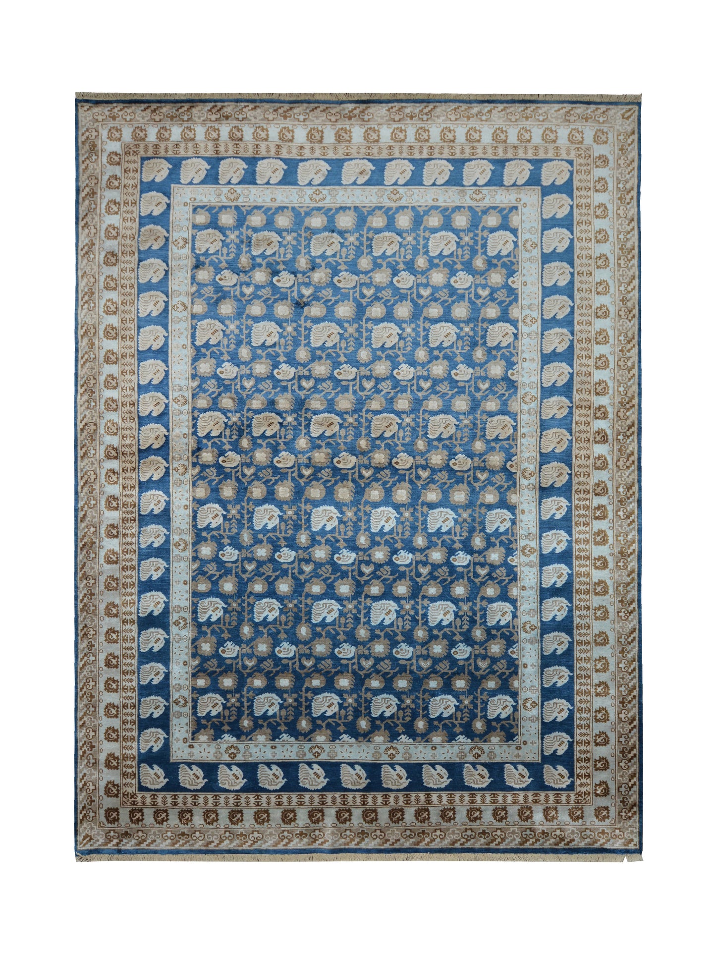 Teal Blue and Ivory, Pure Silk Traditional Handknotted 9.0x11.11Ft 275x362Cms Area Rug