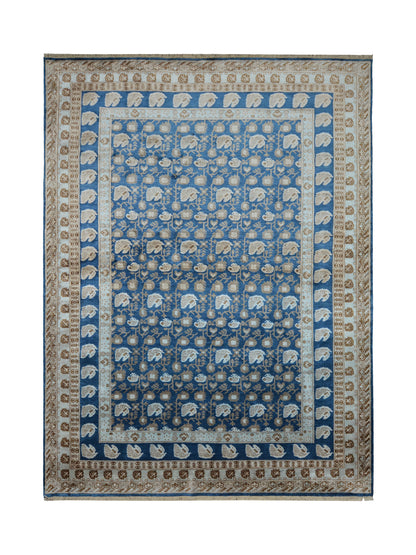Teal Blue and Ivory, Pure Silk Traditional Handknotted 9.0x11.11Ft 275x362Cms Area Rug