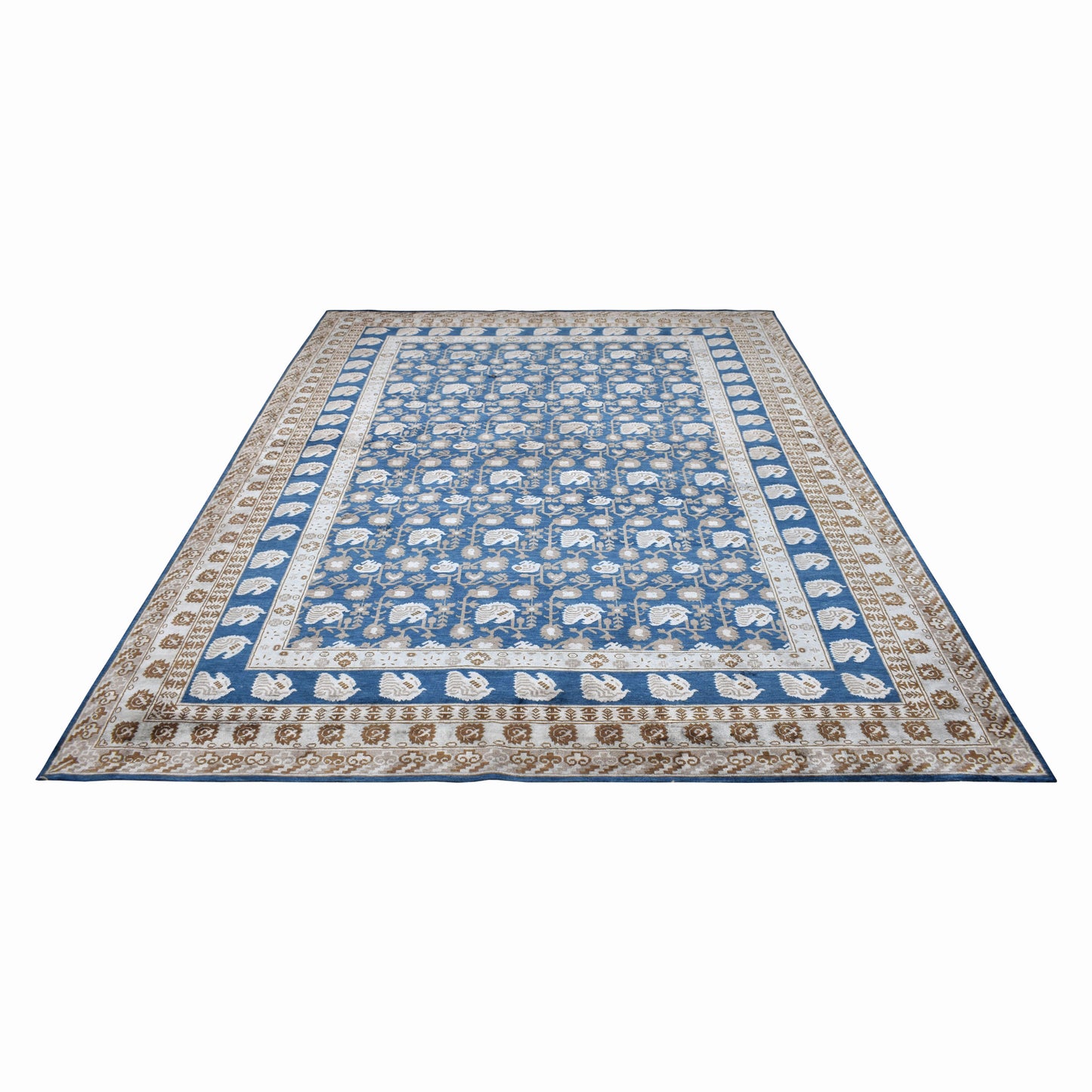 Teal Blue and Ivory, Pure Silk Traditional Handknotted 9.0x11.11Ft 275x362Cms Area Rug