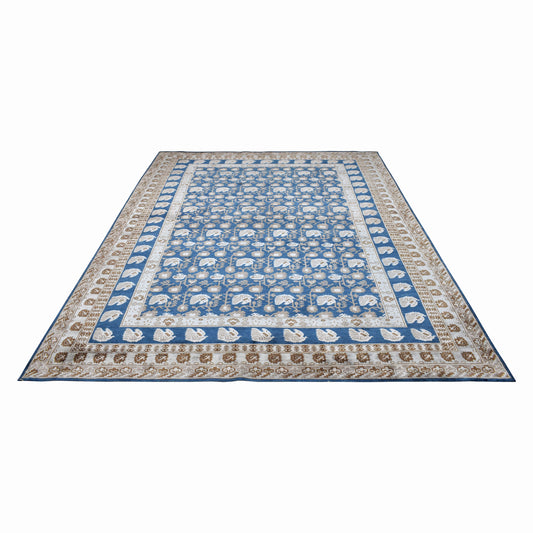 Teal Blue and Ivory, Pure Silk Traditional Handknotted 9.0x11.11Ft 275x362Cms Area Rug