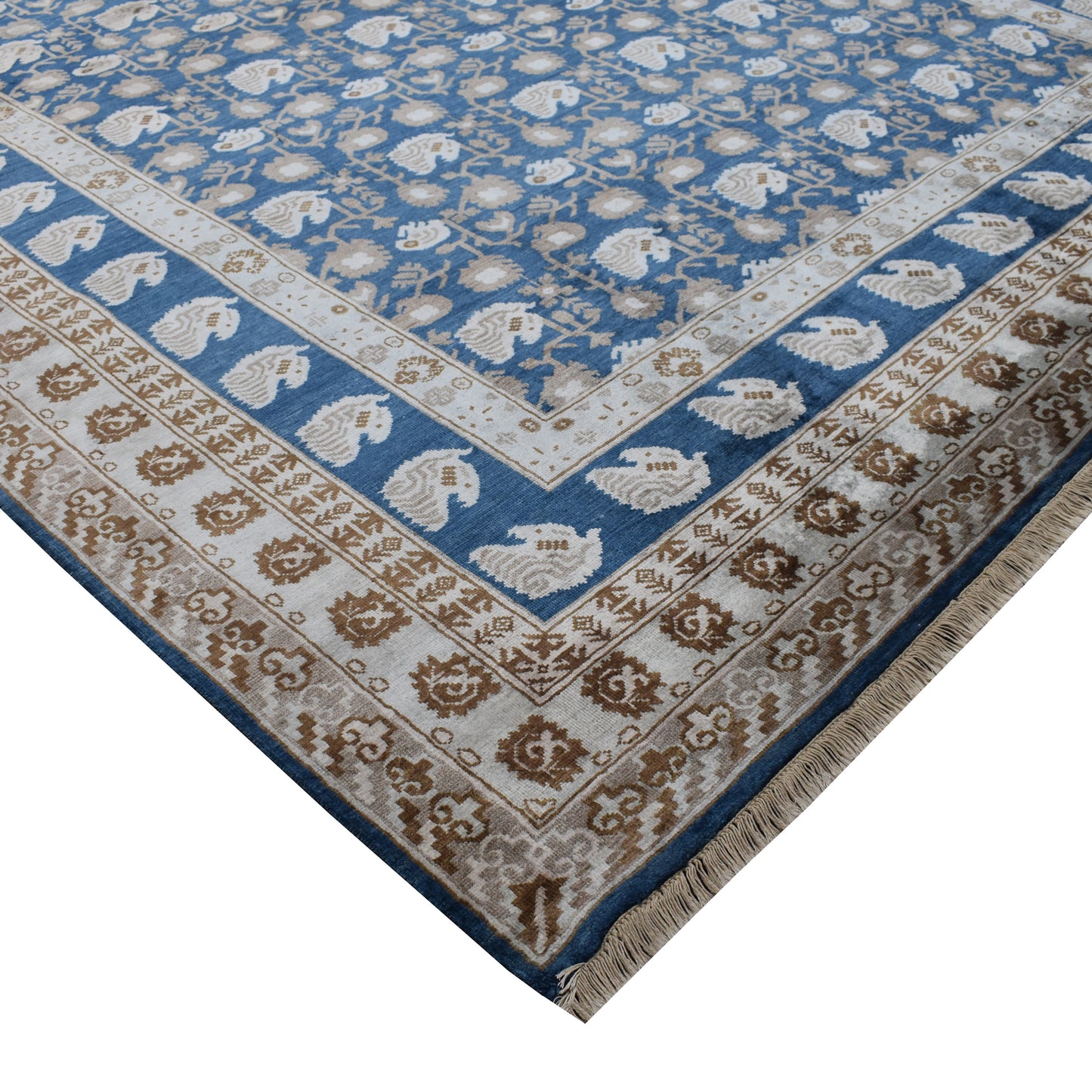 Teal Blue and Ivory, Pure Silk Traditional Handknotted 9.0x11.11Ft 275x362Cms Area Rug