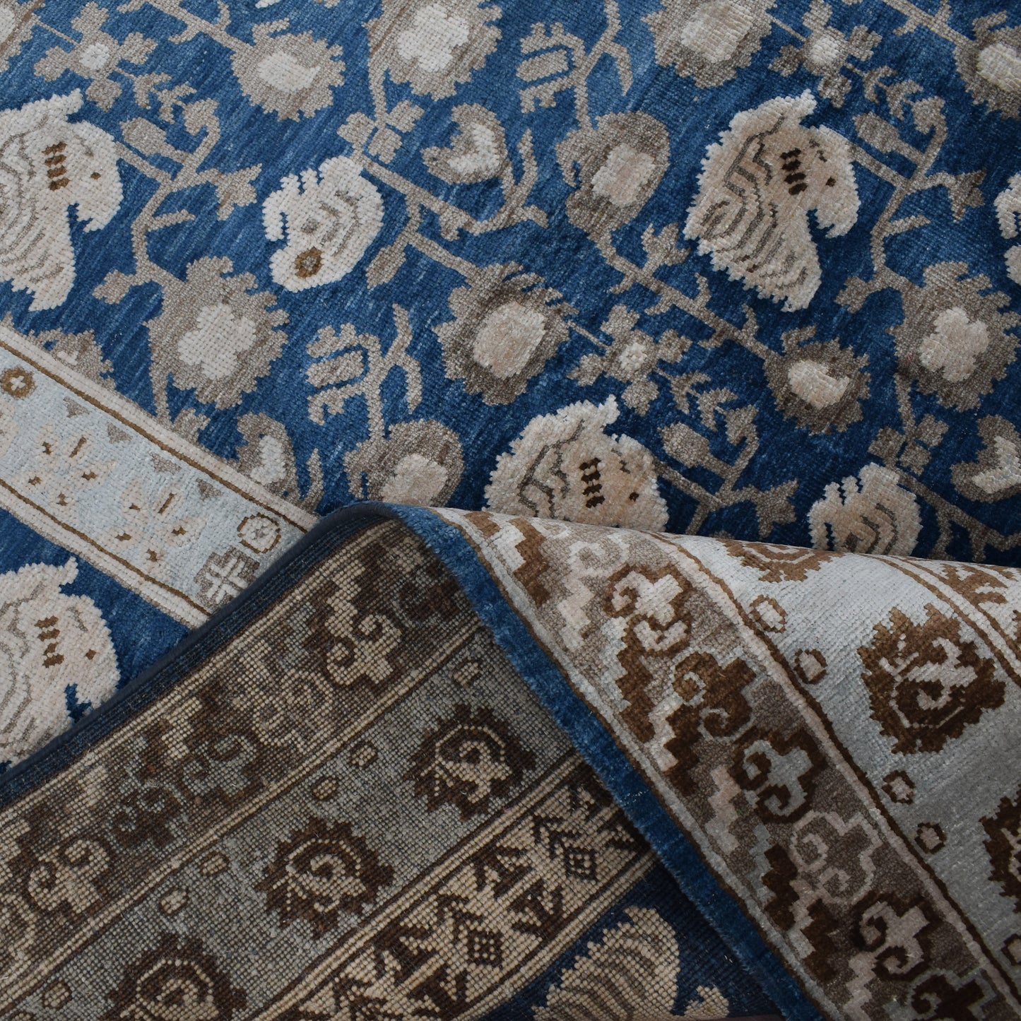 Teal Blue and Ivory, Pure Silk Traditional Handknotted 9.0x11.11Ft 275x362Cms Area Rug