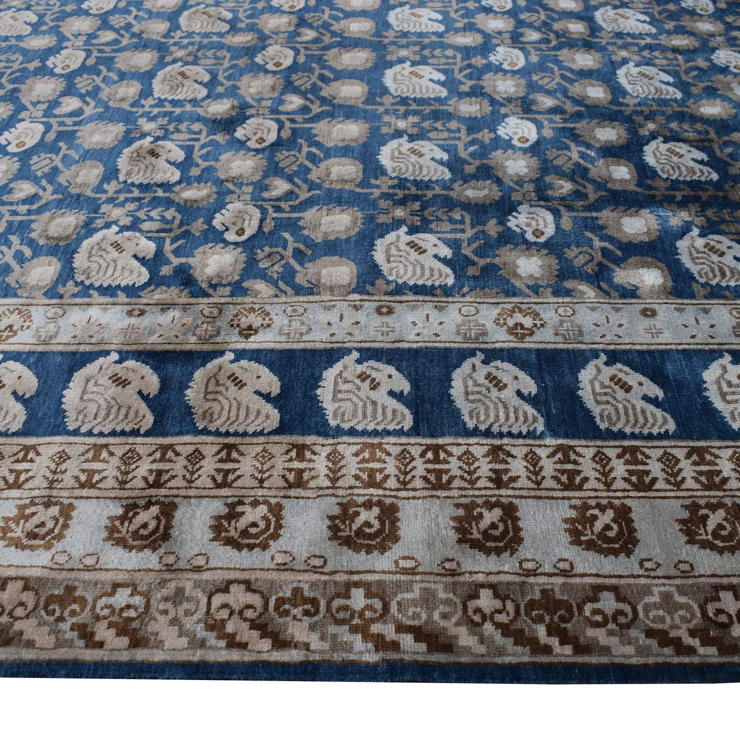 Teal Blue and Ivory, Pure Silk Traditional Handknotted 9.0x11.11Ft 275x362Cms Area Rug