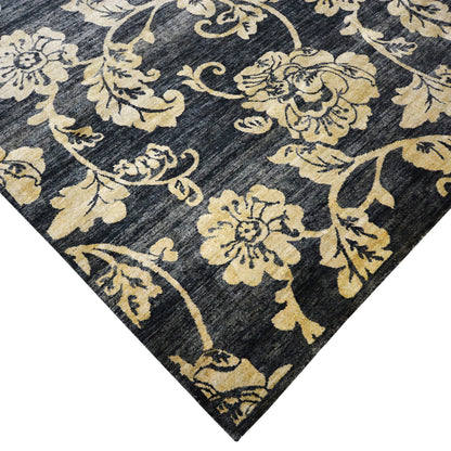 Rose Black, Ivory and Gold Pure Silk Transitional Handknotted Area Rug