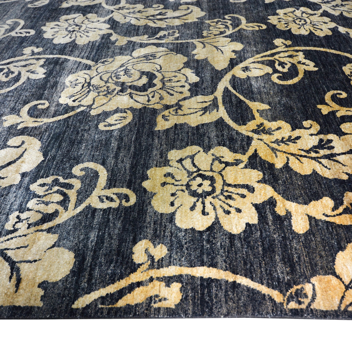 Rose Black, Ivory and Gold Pure Silk Transitional Handknotted Area Rug