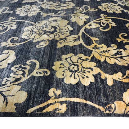 Rose Black, Ivory and Gold Pure Silk Transitional Handknotted Area Rug