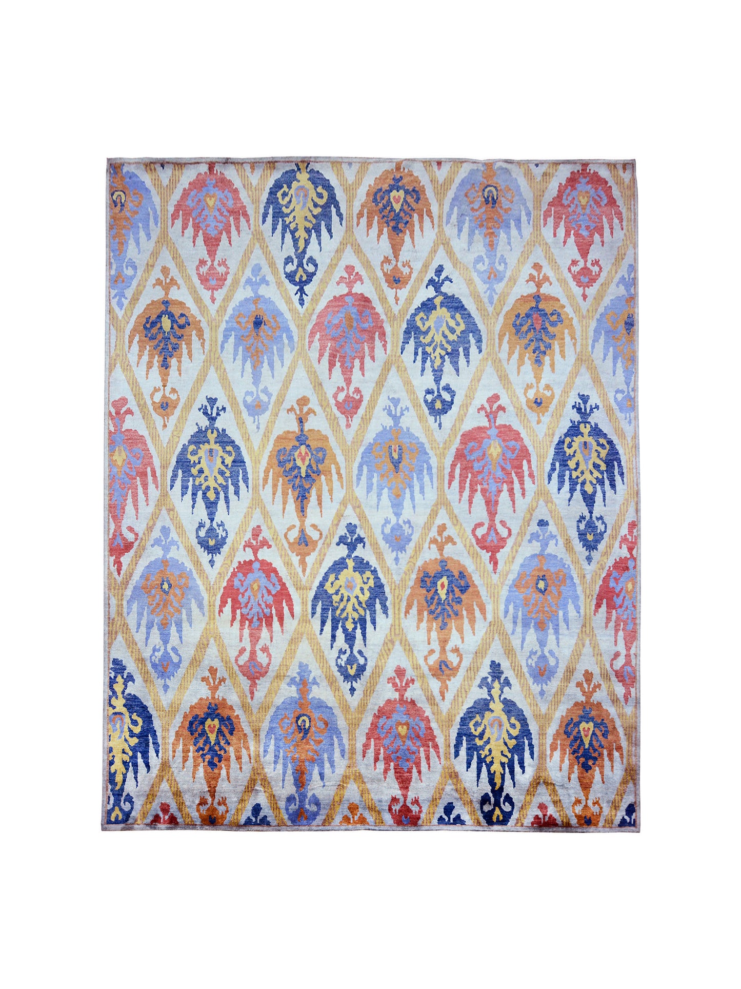 Allegra L.Blue, Camel and Red Transitional Oushak Pure Silk Handknotted Area Rug