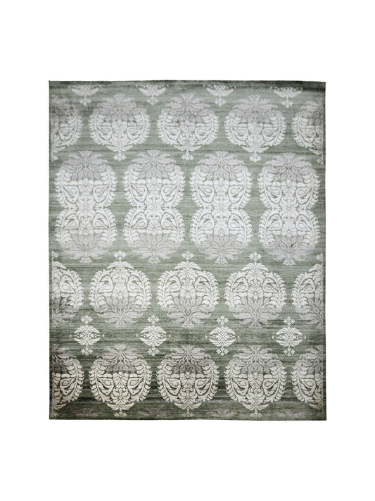 Flower Green and Ivory Transitional Floral Pure Silk Handknotted Area Rug