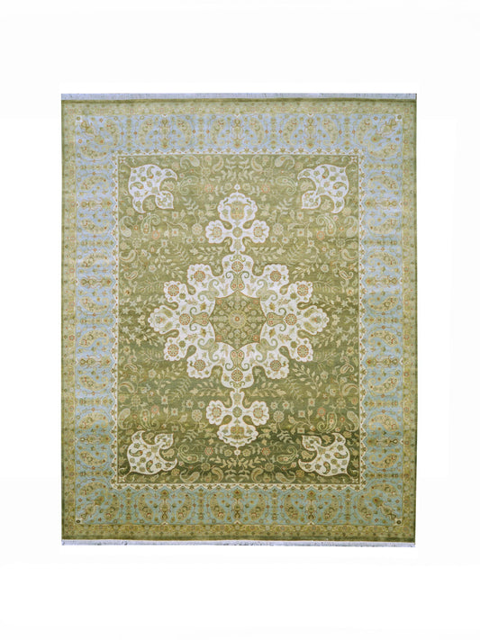 Blue and Ivory Pure Silk Traditional Handknotted Area Rug