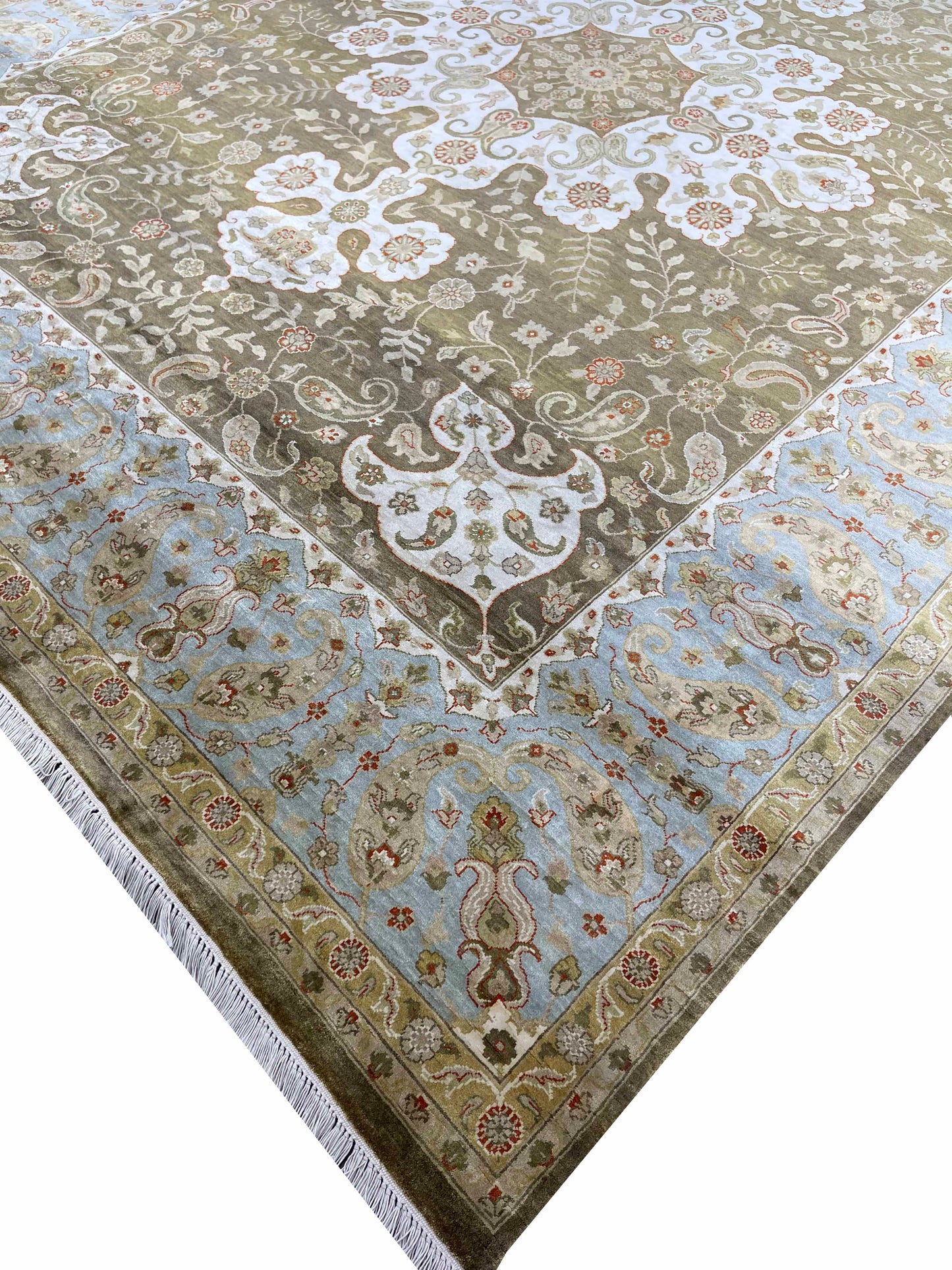 Blue and Ivory Pure Silk Traditional Handknotted Area Rug