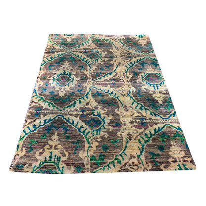 Ivory and Brown, Sari Silk and Wool Regular Modern Handknotted 4.0x6.1Ft 122x185Cms Area Rug