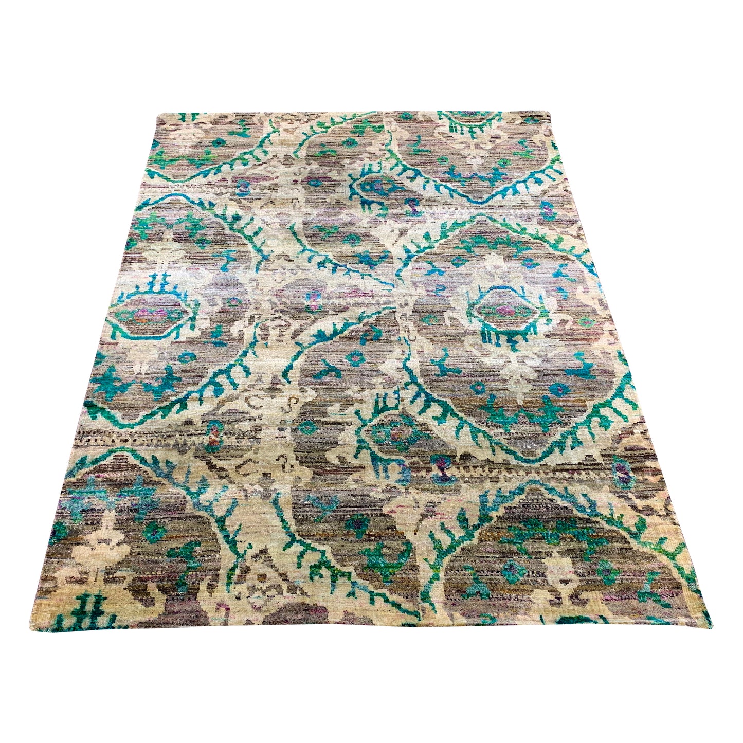 Ivory and Brown, Sari Silk and Wool Regular Modern Handknotted 4.0x6.1Ft 122x185Cms Area Rug