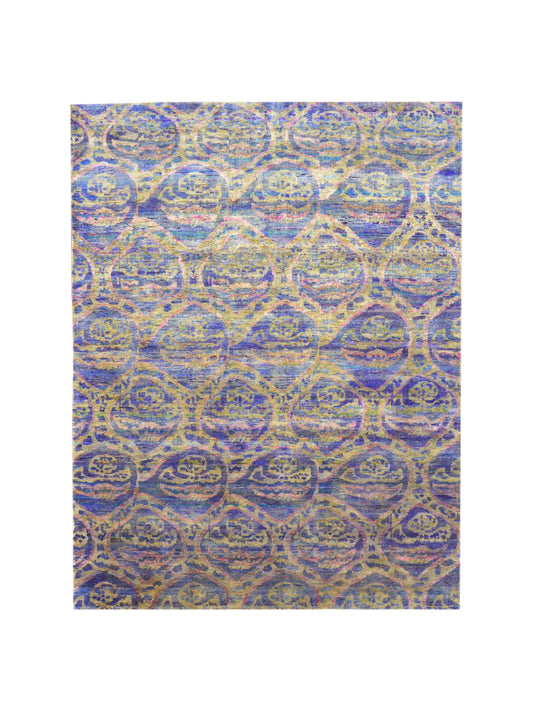 Blue, Gold Pure Sari Silk Transitional Handknotted Area Rug 7.6x10.1ft 228x306Cms