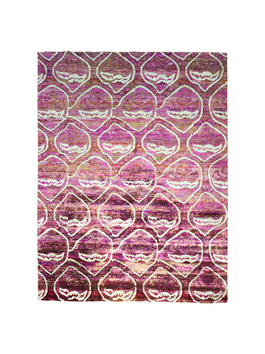 Rose Pink and Ivory Pure Sari Silk Contemporary Damask Handknotted Area Rug