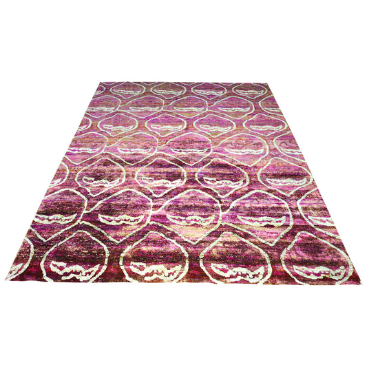 Rose Pink and Ivory Pure Sari Silk Contemporary Damask Handknotted 7.6x10.0Ft 228x304Cms Area Rug