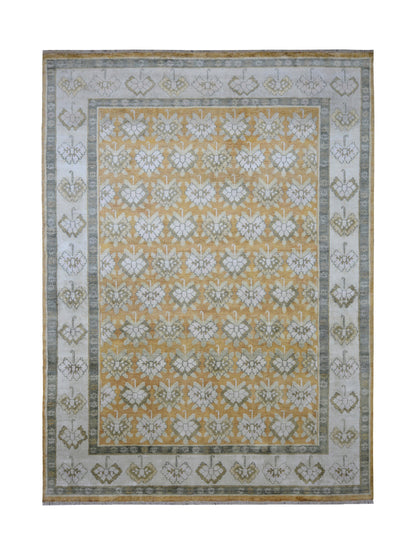 Mustard Ivory Grey, Pure Silk Transitional Handknotted 8.10x12.1Ft 269x367Cms Area Rug