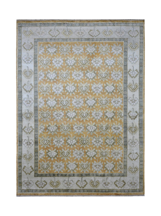 Mustard Ivory Grey, Pure Silk Transitional Handknotted 8.10x12.1Ft 269x367Cms Area Rug