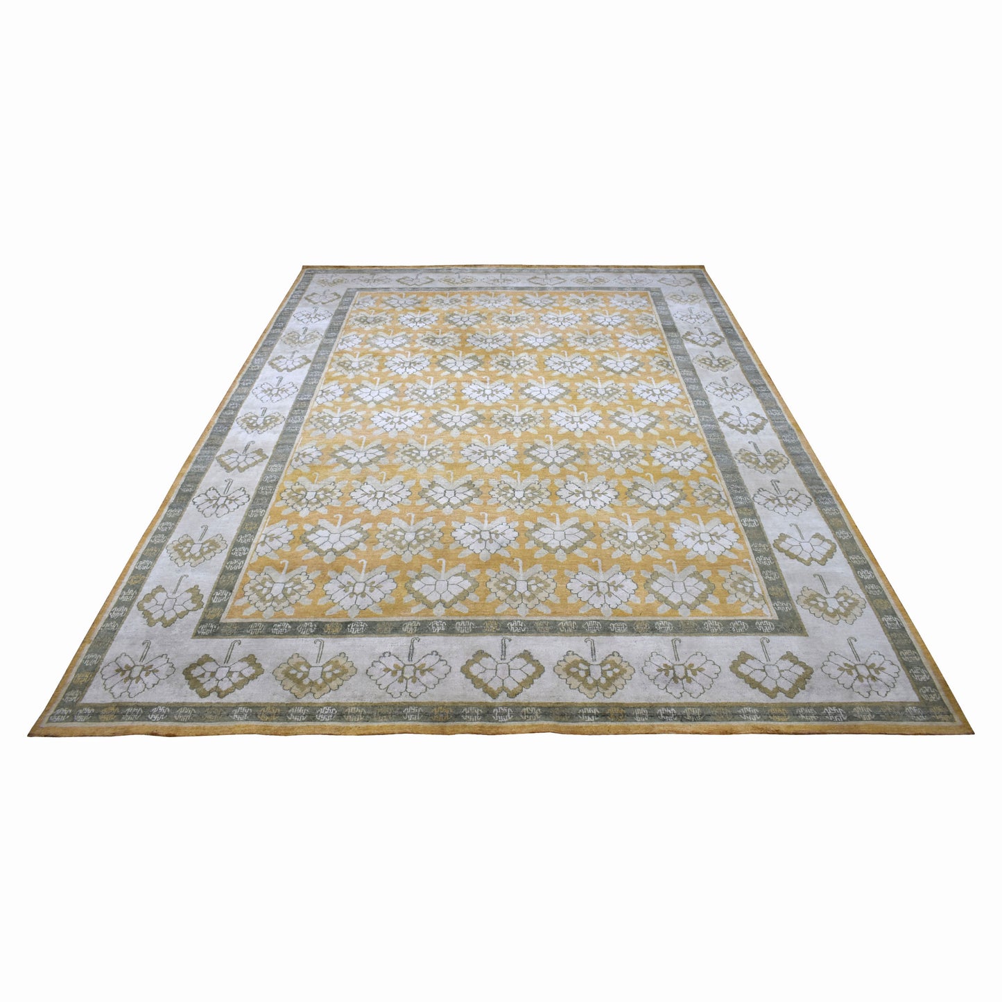 Mustard Ivory Grey, Pure Silk Transitional Handknotted 8.10x12.1Ft 269x367Cms Area Rug