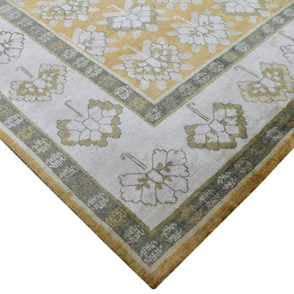 Mustard Ivory Grey, Pure Silk Transitional Handknotted 8.10x12.1Ft 269x367Cms Area Rug