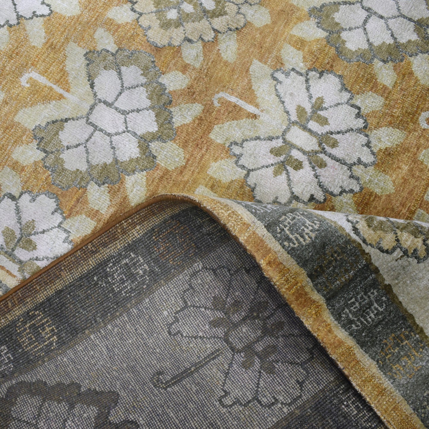 Mustard Ivory Grey, Pure Silk Transitional Handknotted 8.10x12.1Ft 269x367Cms Area Rug