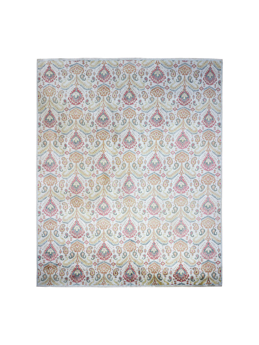 Allegra Ivory, Gold and Red Transitional Ikat Pure Silk Handknotted Area Rug