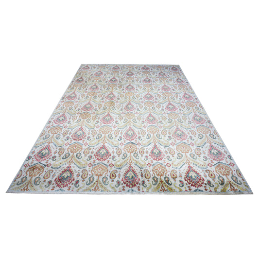 Allegra Ivory, Gold and Red Transitional Ikat Pure Silk Handknotted 7.8x9.9Ft 234x297Cms Area Rug