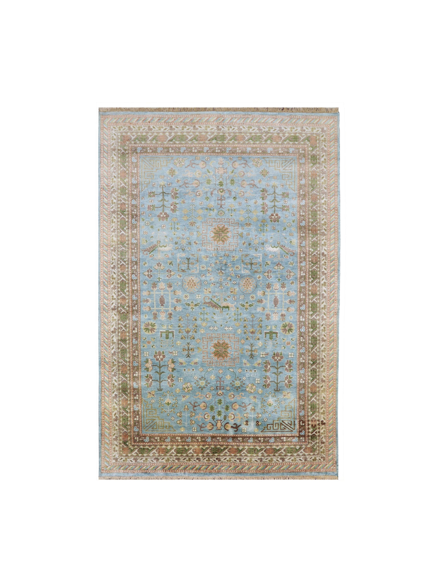 L.Blue and Ivory, Pure Silk Regular Traditional Handknotted 5.11x8.10Ft 180x268Cms Area Rug