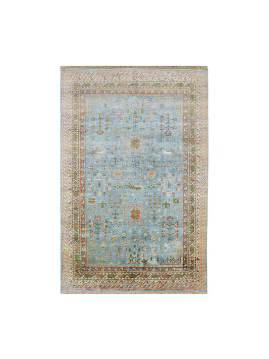 L.Blue and Ivory, Pure Silk Regular Traditional Handknotted 5.11x8.10Ft 180x268Cms Area Rug