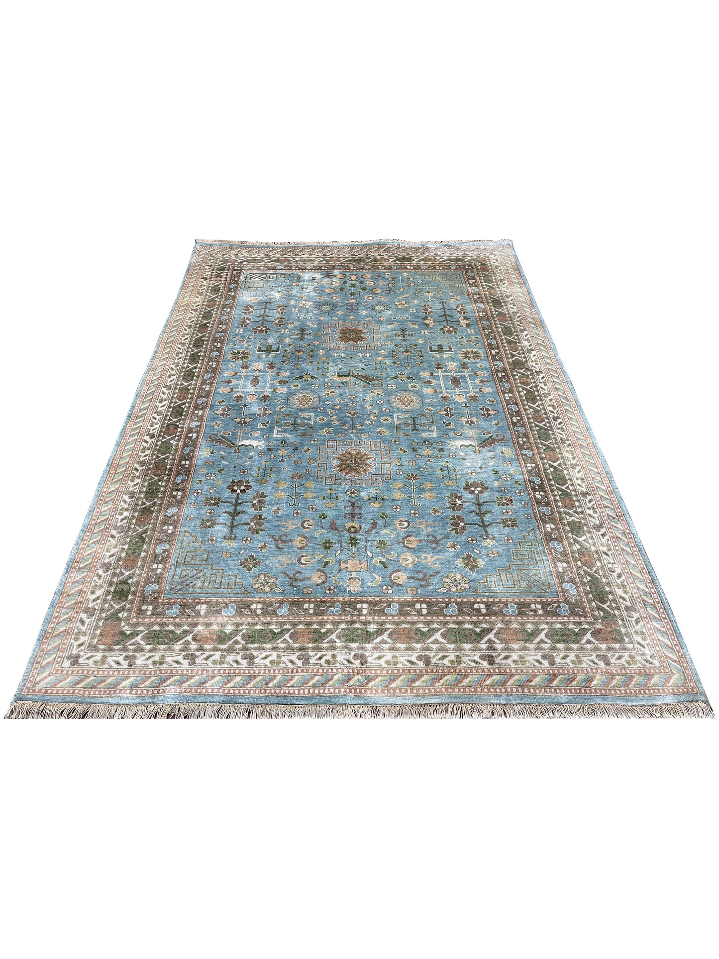 L.Blue and Ivory, Pure Silk Regular Traditional Handknotted 5.11x8.10Ft 180x268Cms Area Rug