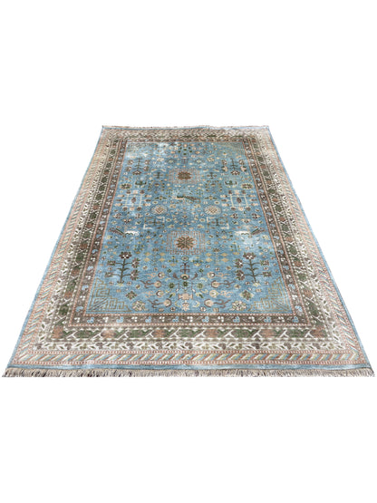 L.Blue and Ivory, Pure Silk Regular Traditional Handknotted 5.11x8.10Ft 180x268Cms Area Rug