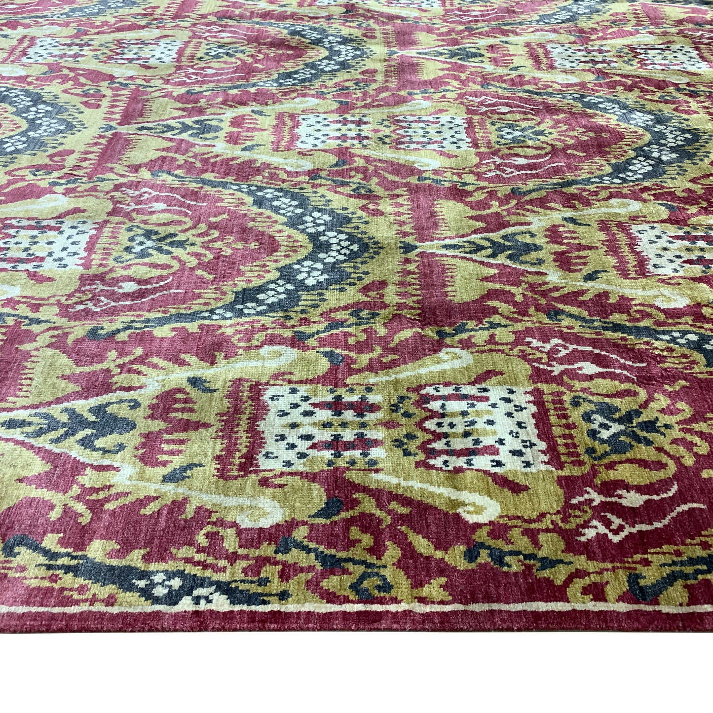 Get trendy with Ikat Red, Pink, Grey and Gold Transitional Pure Silk Handknotted Area Rug - Modern Rugs available at Jaipur Oriental Rugs. Grab yours for $5399.00 today!