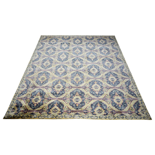 Charcoal, Gold and Ivory Transitional Damask Pure Silk Handknotted 7.9x10.1Ft 235x307Cms Area Rug