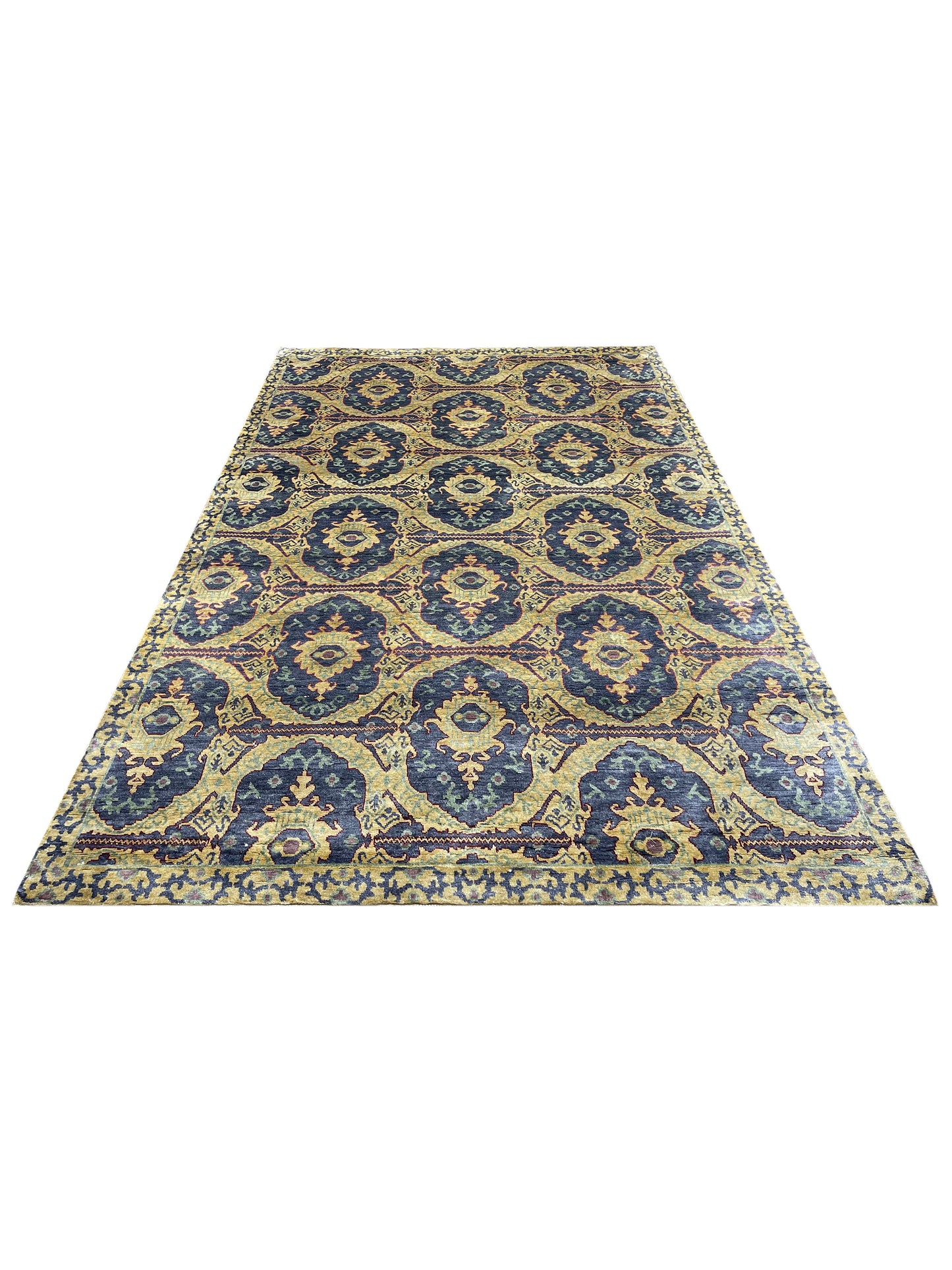 Blue and Camel Silk Transitional Handknotted Area Rug 5.11x8.6ft 180x259Cms