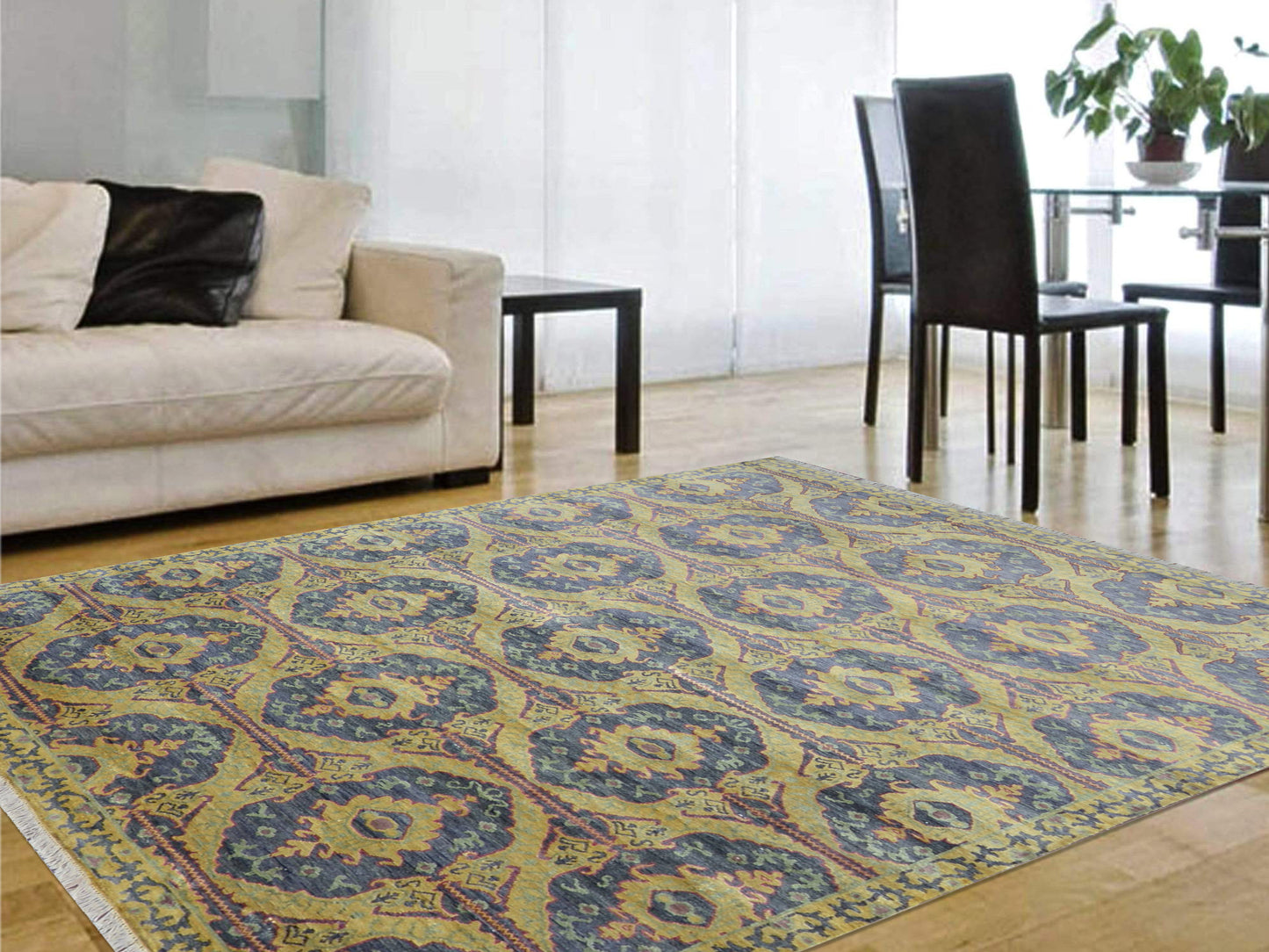 Blue and Camel Silk Transitional Handknotted Area Rug 5.11x8.6ft 180x259Cms