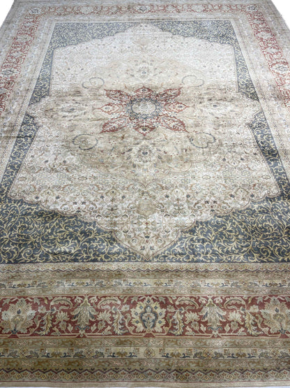 Ivory and Rust Pure Silk Tabriz Handknotted Area Rug 9.0x11.9ft 275x358Cms