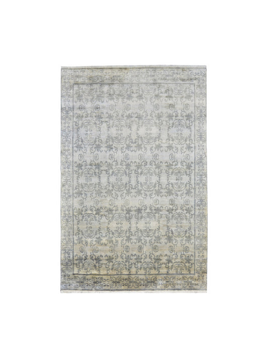 Grey and Grey Pure Silk Handknotted Area Rug 5.11x8.9ft 180x267Cms