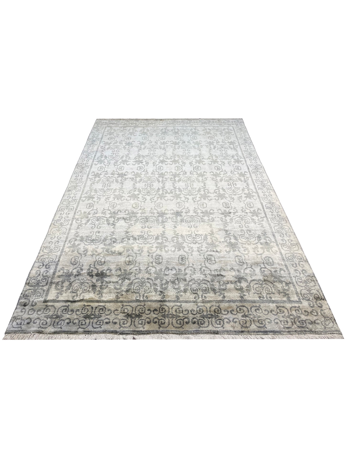 Grey and Grey Pure Silk Handknotted Area Rug 5.11x8.9ft 180x267Cms