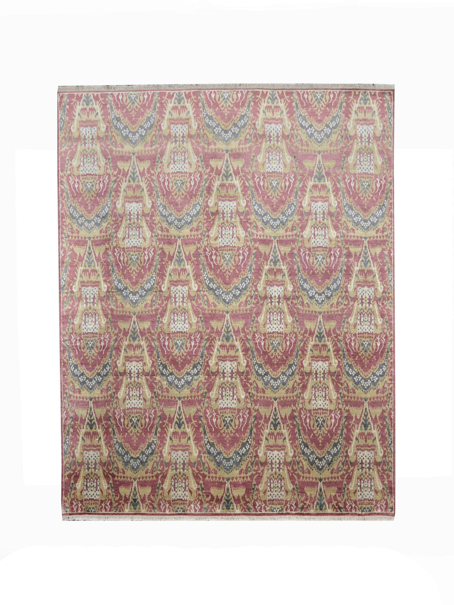 Red and Ivory, Pure Silk Traditional Ikat Handknotted 7.9x9.11Ft 236x303Cms Area Rug