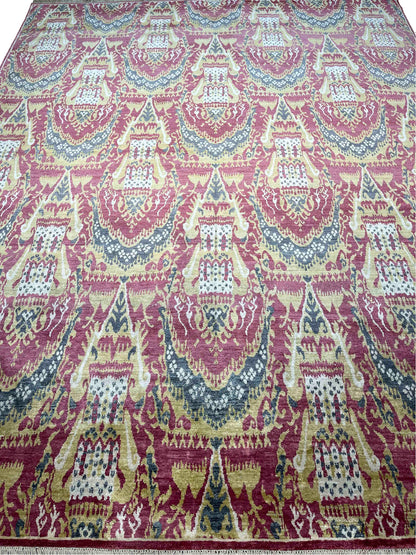 Red and Ivory, Pure Silk Traditional Ikat Handknotted 7.9x9.11Ft 236x303Cms Area Rug