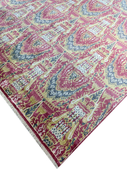 Red and Ivory, Pure Silk Traditional Ikat Handknotted 7.9x9.11Ft 236x303Cms Area Rug