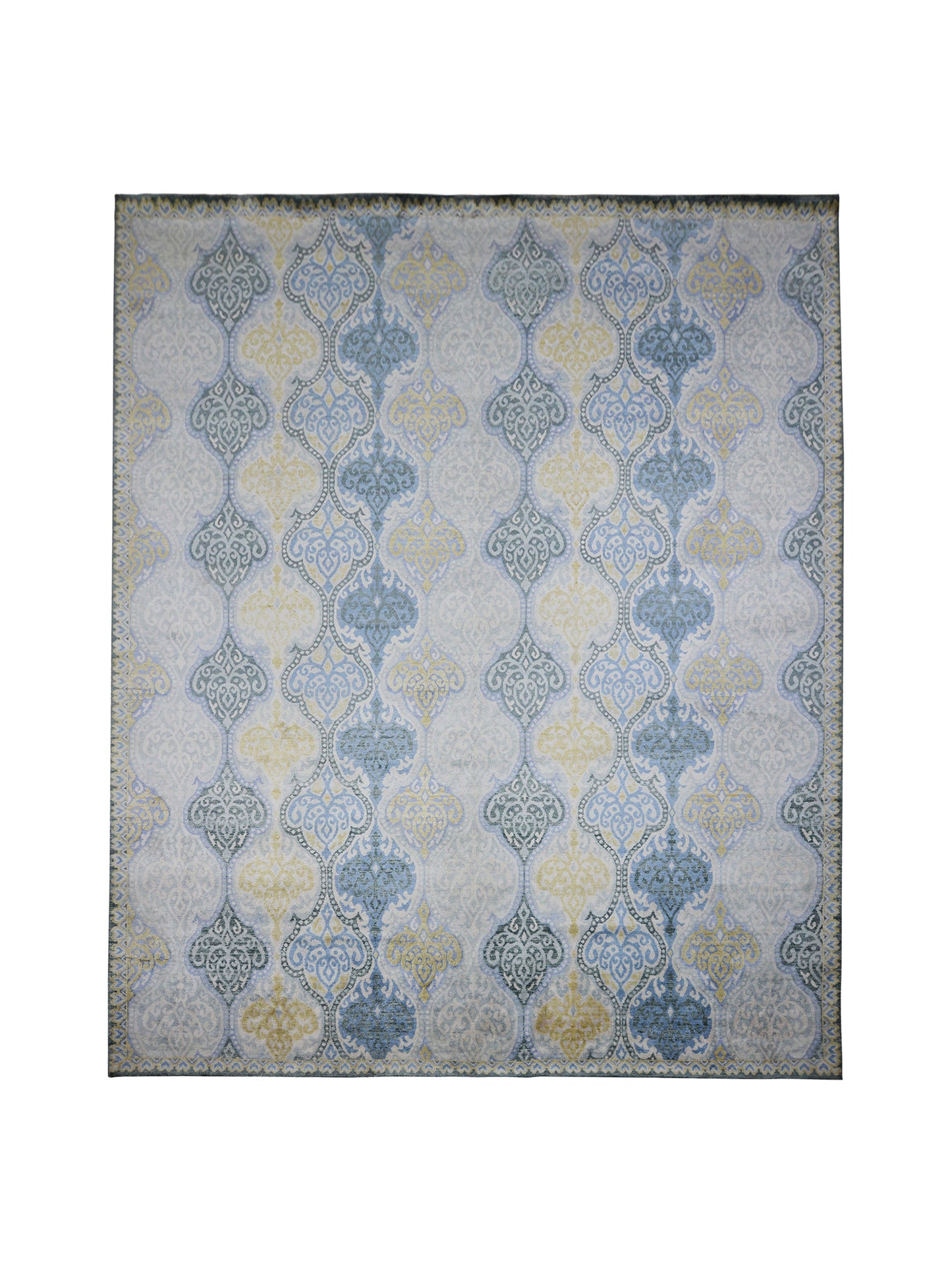 Get trendy with Wazir Silver, Gold and Light Blue Transitional Damask Handknotted Area Rug - Transitional Rugs available at Jaipur Oriental Rugs. Grab yours for $5795.00 today!