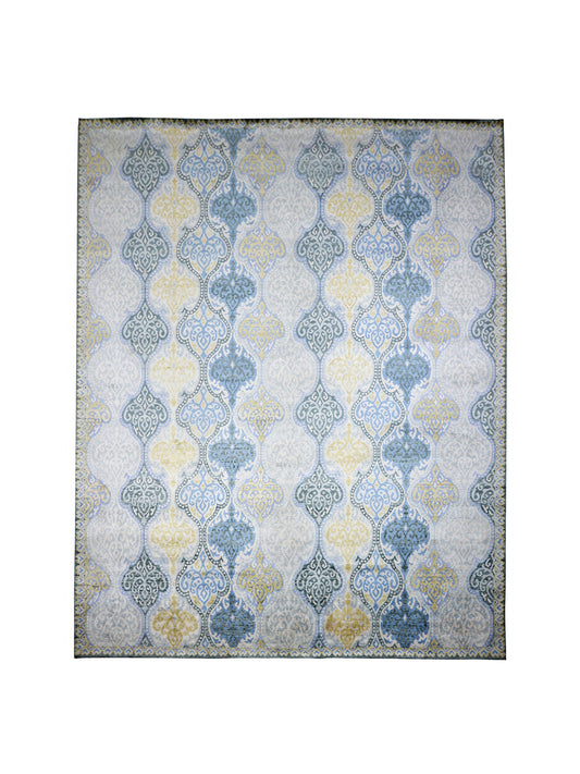 Wazir Silver, Gold and Light Blue Transitional Damask Handknotted Area Rug