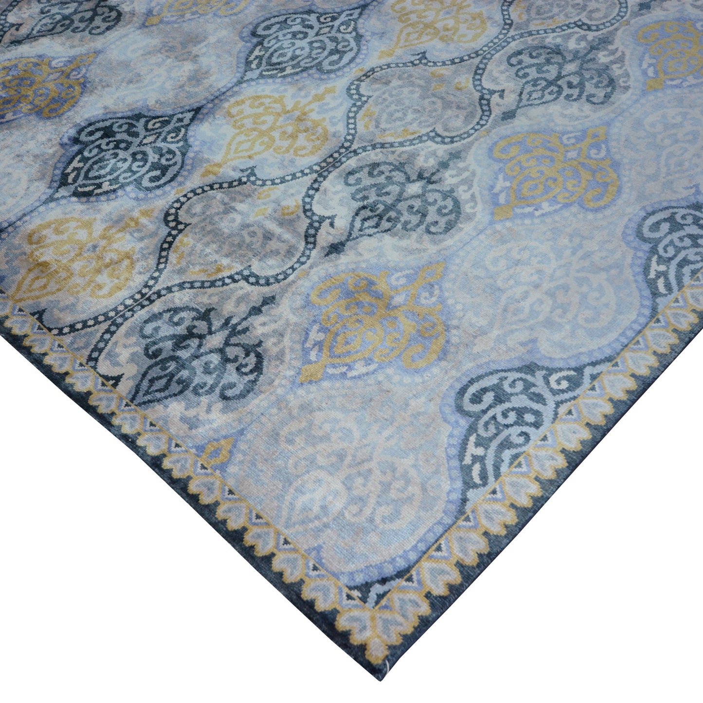 Get trendy with Wazir Silver, Gold and Light Blue Transitional Damask Handknotted Area Rug - Transitional Rugs available at Jaipur Oriental Rugs. Grab yours for $5795.00 today!