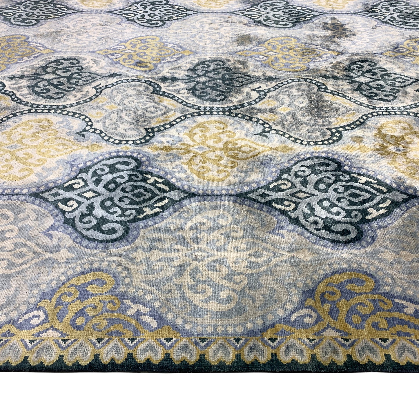 Get trendy with Wazir Light Blue, Silver Transitional Damask Handknotted Area Rug - Modern Rugs available at Jaipur Oriental Rugs. Grab yours for $5845.00 today!