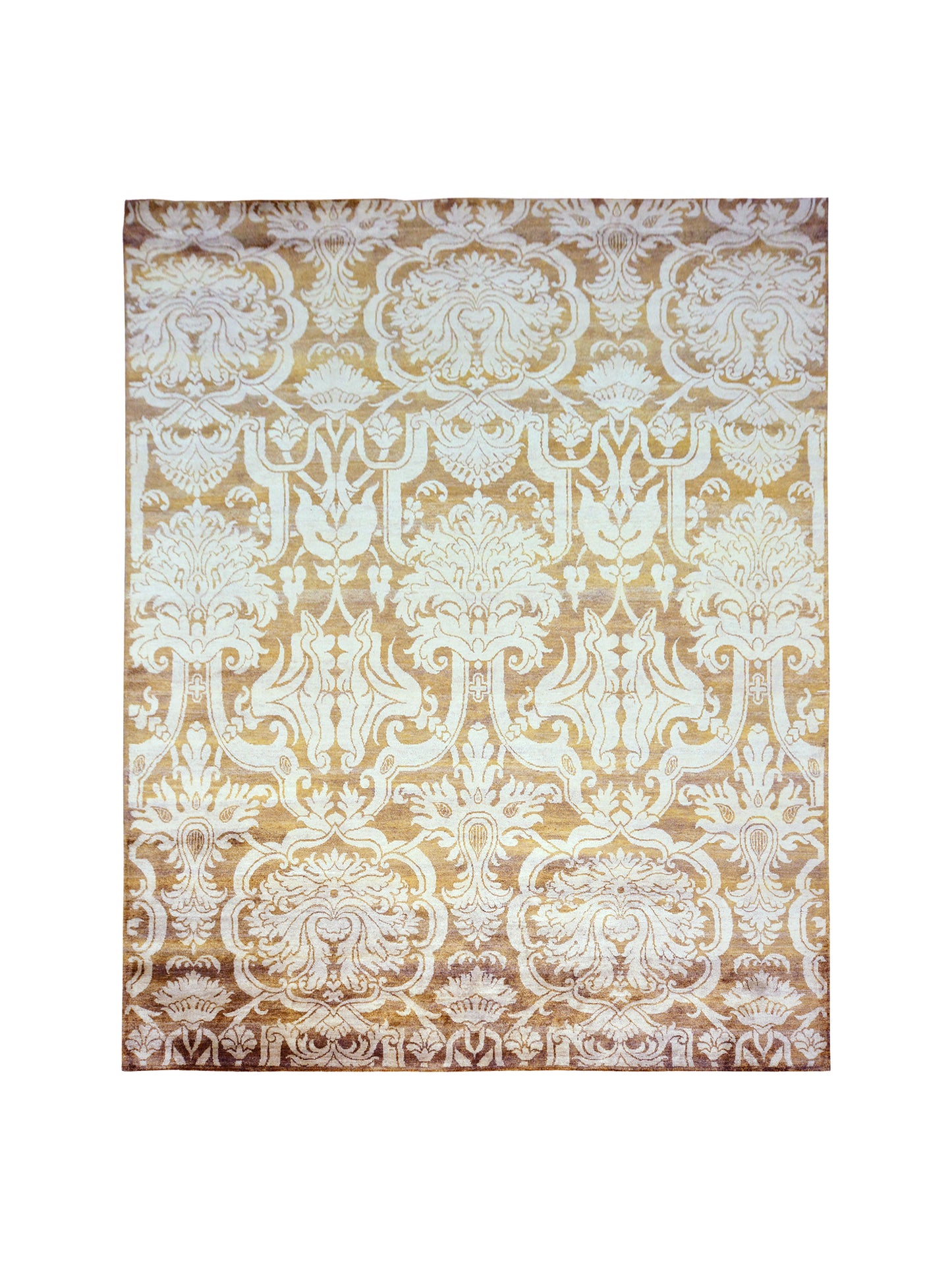 Elegacy Camel, Brown and Ivory Transitional Damask Pure Silk Handknotted Area Rug