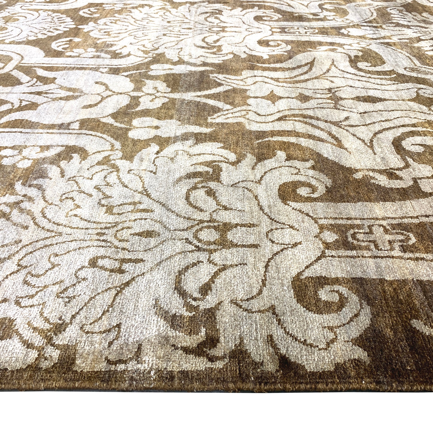 Elegacy Camel, Brown and Ivory Transitional Damask Pure Silk Handknotted Area Rug